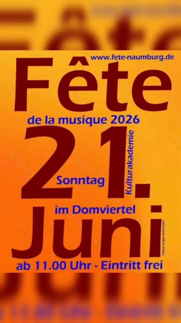 3. Fête de la musique Naumburg 2026 – 

21.06.2026
 
11.00 Uhr Matinee - 13.00 Uhr - 22.00 Uhr
Gesamter Steinweg, Domplatz, Domgarten und Hof Othmarsweg 10

Aus dem Programm:
11.00 Uhr Steinweg: BigBand des BLK
14.00 Uhr: Eröffnung im Domgarten
ab 14.30 Uhr: Straßenmusik im Steinweg
15.30 Uhr Othmarsweg: Chorus Cantemus
16.00 Uhr Domgarten: Circus Upsala
17.00 Uhr Domgarten: Die Vokalisten
19.00 Uhr Othmarsweg: Boogieknechte
20.00 Uhr Othmarsweg: T. Bone & The Sparerib Allstars
19.00 Uhr Steinweg: Chris Carlton, Werner, Stein & Eisenbricht, Toska
21.30 Uhr Ausklang: Jan Werner

Auch dabei: Konstantin & Andrej, Darren trifft Killer, Kreismusikschule Jan Zink, Trouba Dura, Schlösser Trio Phonetics, Claudia & Thomas Wahlbuhl, Jugendchor des Domgymnasiums, Lili Joseph Killer, Terrence Ngassa, Olena Kovalenko & Naumburg Singers